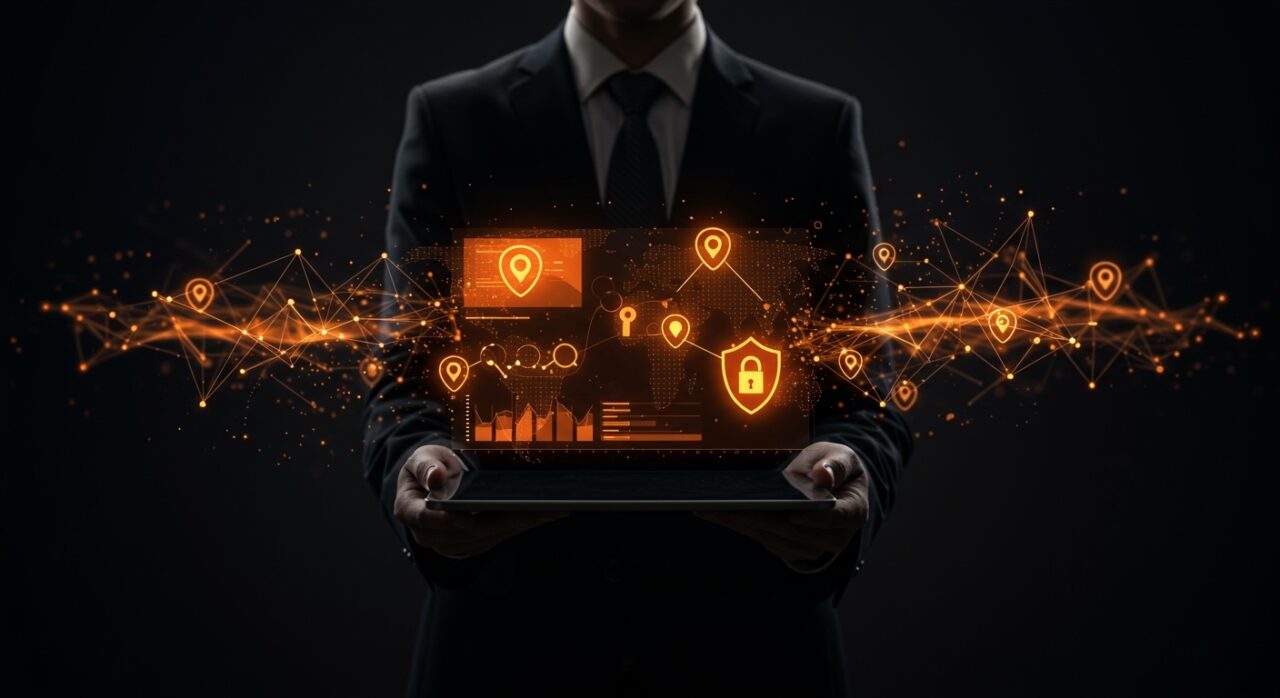 Ilustración digital que representa la privacidad y el rastreo web en portales gubernamentales con iconos de seguridad y redes de datos en tonos naranja y negro.