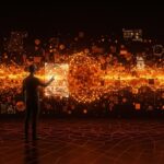 Tecnología de IA generativa creando mundos virtuales interactivos en un entorno inmersivo y futurista.