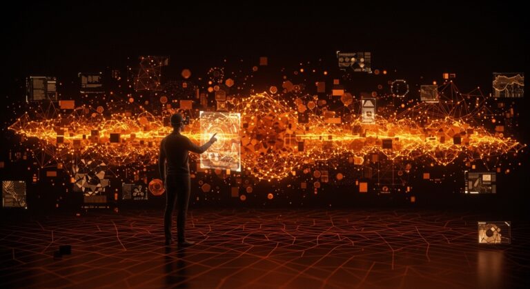 Tecnología de IA generativa creando mundos virtuales interactivos en un entorno inmersivo y futurista.