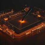 Tablet de dibujo EMR de hardware abierto con diagramas técnicos y ondas electromagnéticas, ilustrando innovación tecnológica en LATAM.