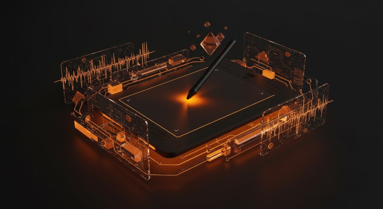 Tablet de dibujo EMR de hardware abierto con diagramas técnicos y ondas electromagnéticas, ilustrando innovación tecnológica en LATAM.