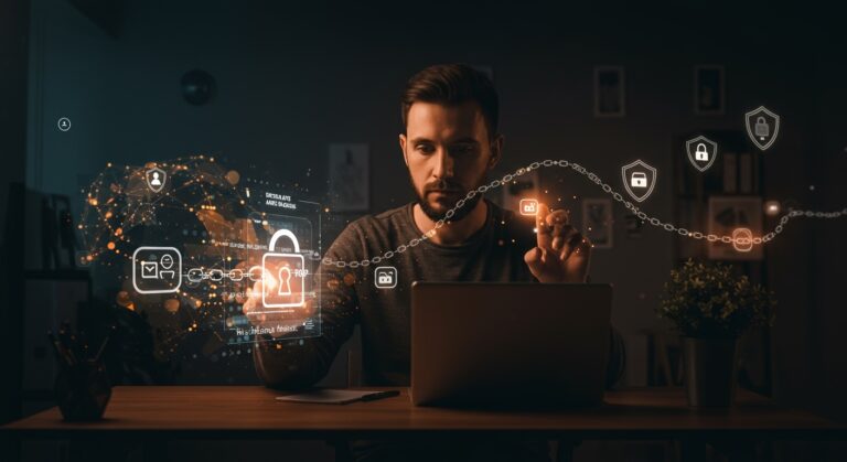 Protección de datos personales en California con la plataforma DROP y Delete Act, mostrando un fundador interactuando con flujos digitales y símbolos de privacidad.