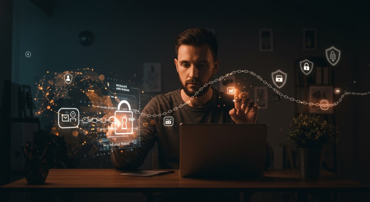 Protección de datos personales en California con la plataforma DROP y Delete Act, mostrando un fundador interactuando con flujos digitales y símbolos de privacidad.