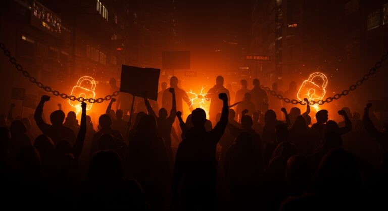 Protestas en Irán con enfoque en represión, censura y apoyo de la comunidad internacional ilustrado con simbología de estudiantes y solidaridad.