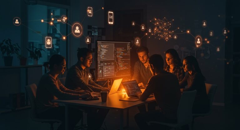 Comunidad tech colaborando en proyectos de software e IA inspirados en tendencias de Hacker News con enfoque en open source y emprendimiento.