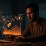 Fundador latino analizando gráficos de criptomonedas y redes neuronales representando pump and dump software y tendencias de IA en startups LATAM 2026.