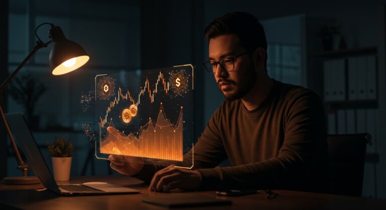 Fundador latino analizando gráficos de criptomonedas y redes neuronales representando pump and dump software y tendencias de IA en startups LATAM 2026.