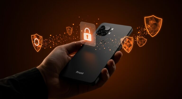 Smartphone Punkt MC03 enfocado en privacidad y control de datos personales con hardware premium y sistema AphyOS, en estilo tecnológico y sostenible.