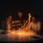 Startup founders colaborando con financiamiento e inversión en el ecosistema empresarial de Qatar apoyado por Qatar Development Bank.