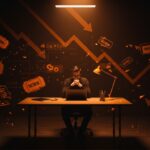 Quiebra de la startup Tiketblok en Barcelona representada por fundador pensativo con símbolos digitales caídos en el ecosistema startup hispano.