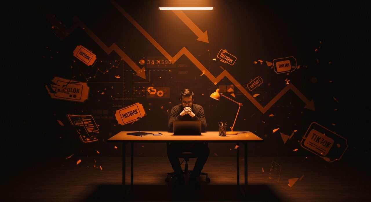 Quiebra de la startup Tiketblok en Barcelona representada por fundador pensativo con símbolos digitales caídos en el ecosistema startup hispano.