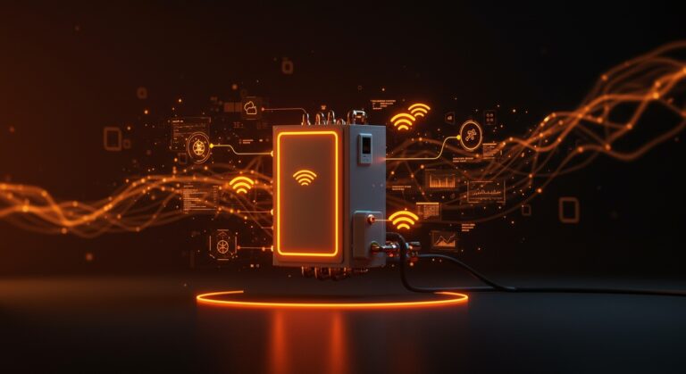 Bomba de calor moderna con sensores y flujos de datos, ilustrando la innovación tecnológica y optimización mediante software de Quilt.