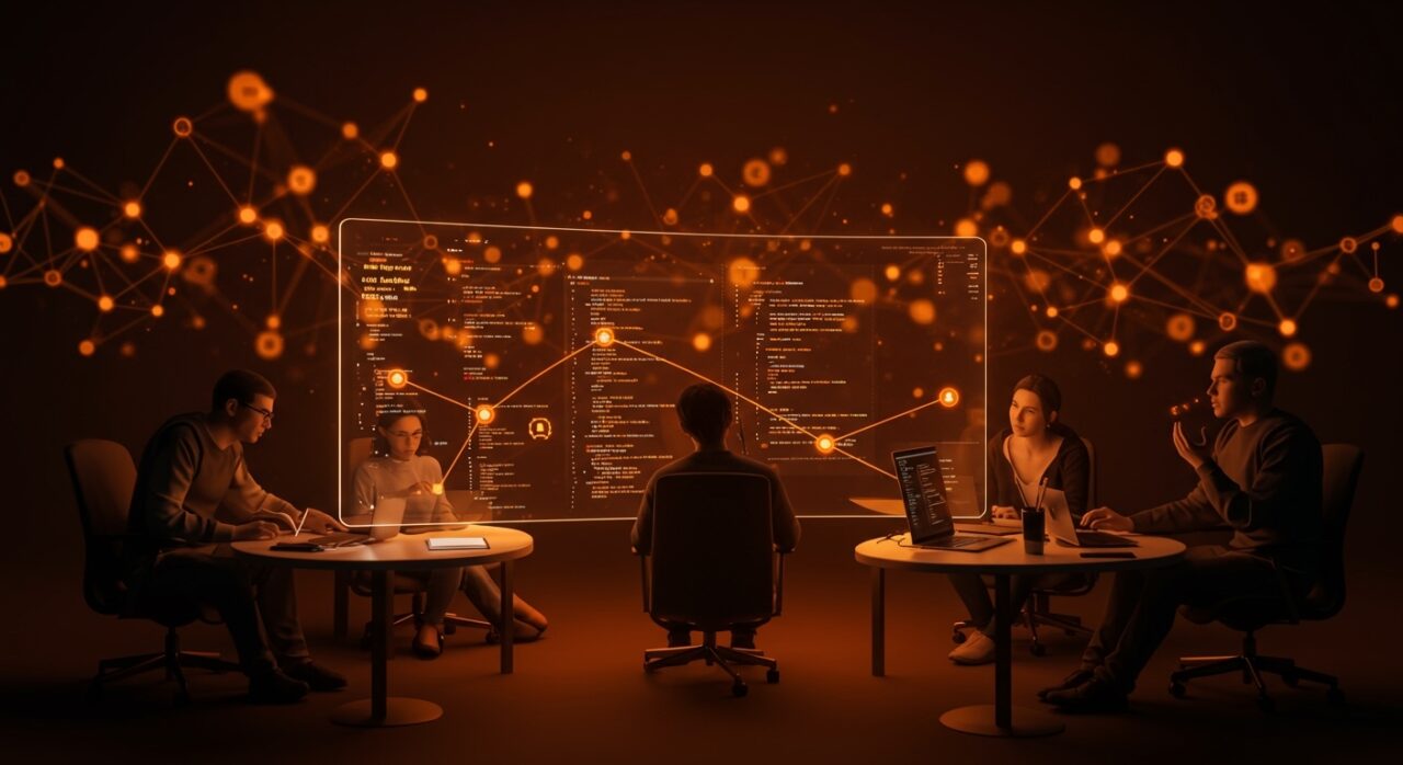 Colaboración descentralizada en código abierto con Git mostrando comunidad y autonomía en desarrollo de software.