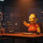 Ilustración de Ralph Wiggum interactuando con agentes de codificación de IA aplicada en un entorno de startup tecnológica.