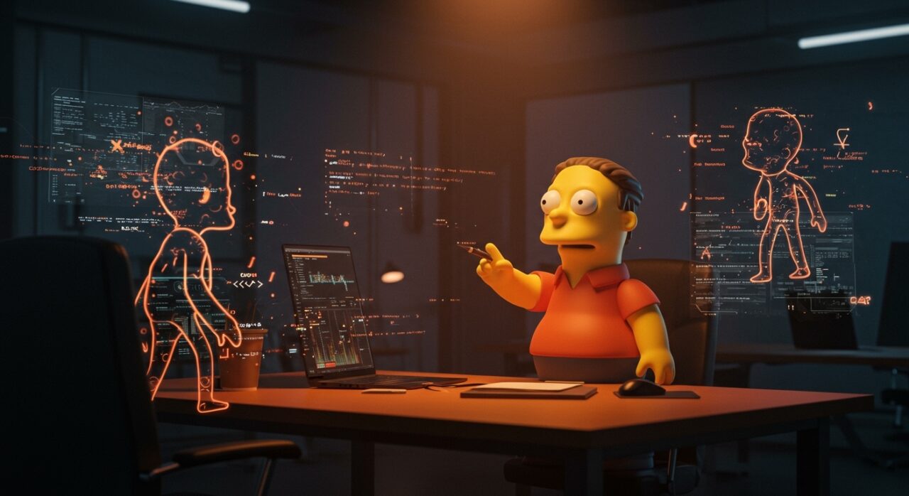 Ilustración de Ralph Wiggum interactuando con agentes de codificación de IA aplicada en un entorno de startup tecnológica.