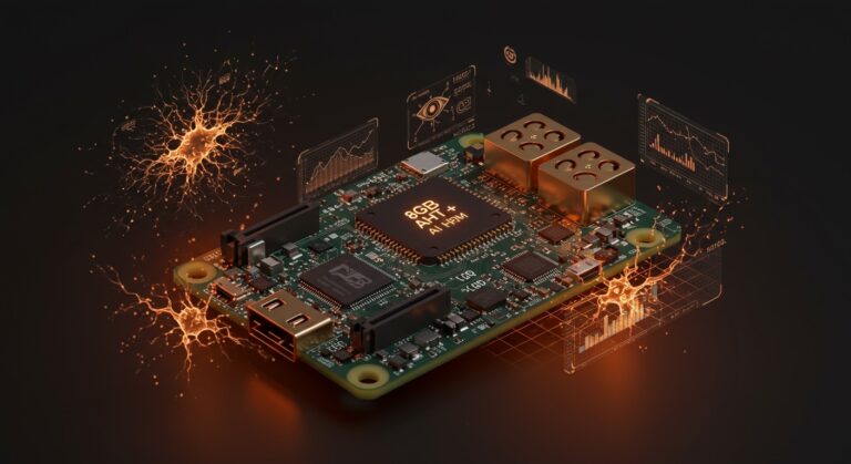 Raspberry Pi AI HAT+ 2 con 8GB RAM mostrando capacidades de IA local y procesamiento de visión para aplicaciones tecnológicas.