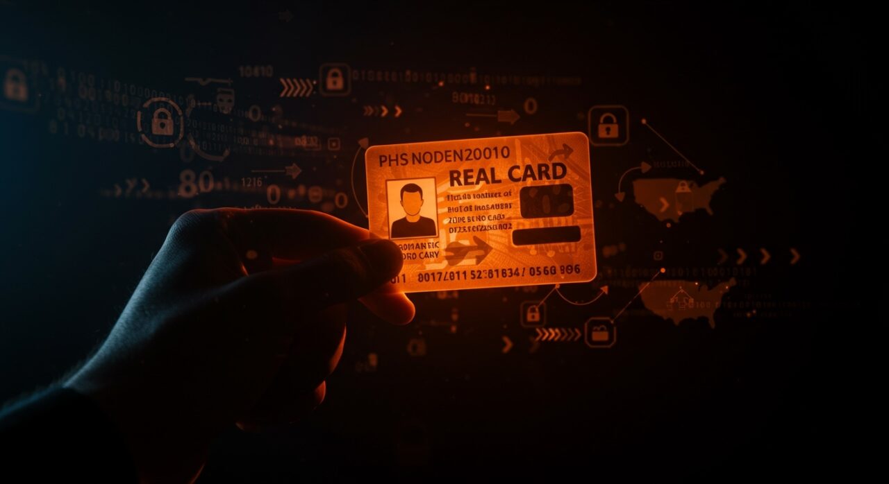Imagen editorial del REAL ID en EE.UU. con símbolos digitales que representan seguridad nacional y desafíos legales en identificación y ciudadanía.