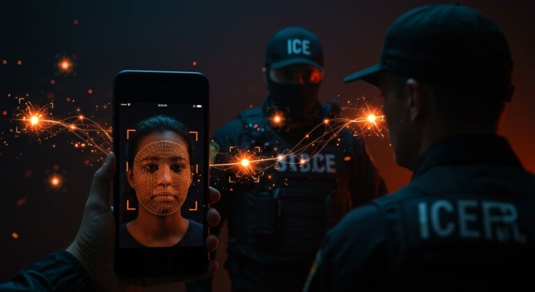 Reconocimiento facial móvil acelerando arrestos de ICE con tecnología biométrica y seguridad en inmigración.