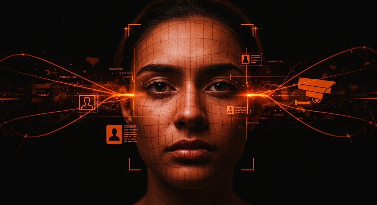 Impacto del reconocimiento facial en privacidad y derechos civiles con símbolos biométricos y vigilancia digital.