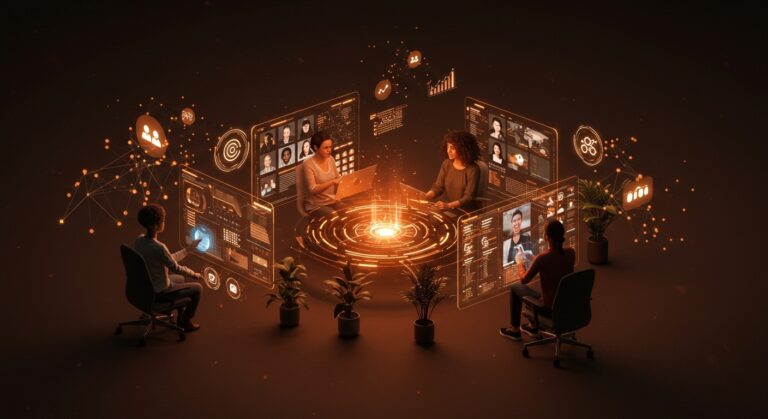 Founders colaborando remotamente con pantallas holográficas que muestran recursos para trabajo remoto y empleo tech en startups.