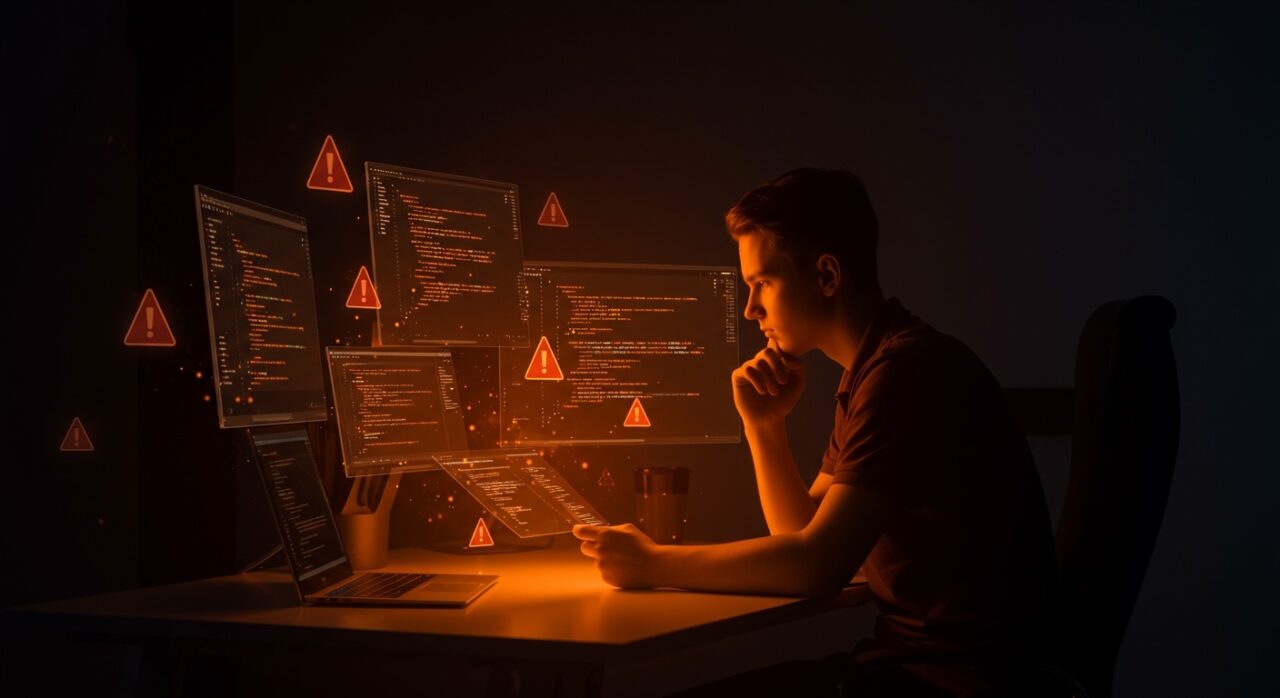Junior developer revisando código con señales de alerta ignoradas que impactan la calidad del software en startups, enfocado en code review y clean architecture.