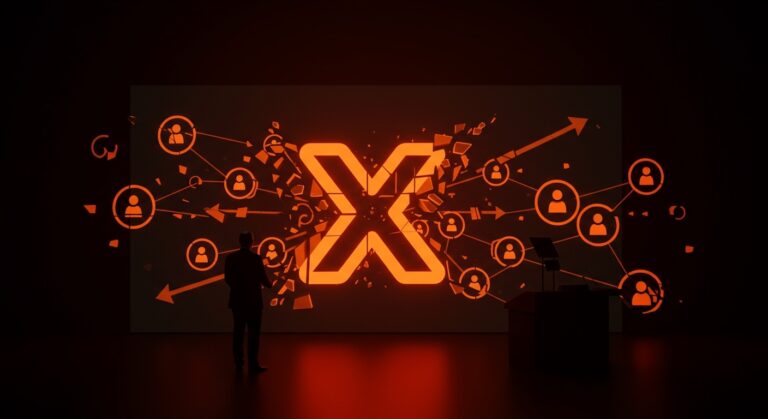 Análisis visual de la campaña #LeaveX y alternativas a Twitter en la política europea con símbolos de redes sociales descentralizadas.