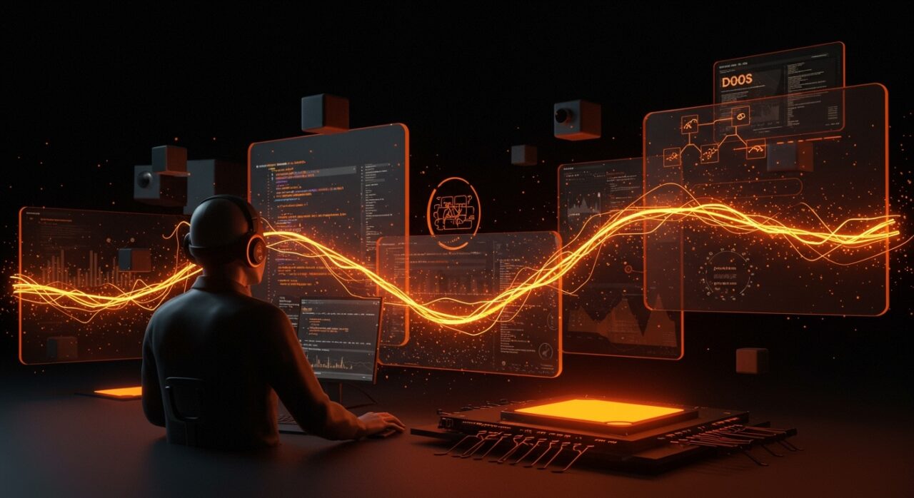 Desarrollador de software trabajando en Redox OS con Rust y microkernel, simbolizando avances en sistemas operativos open source y hardware en 2025.