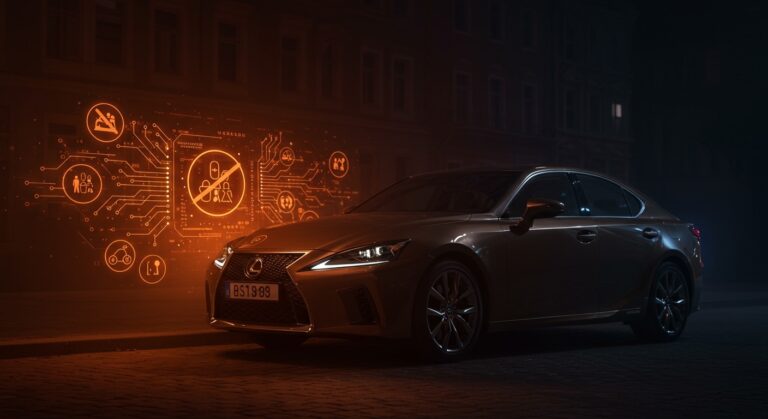 Lexus en Alemania con funciones remotas desactivadas por regulación ambiental, ilustrando tecnología conectada y legislación en movilidad.