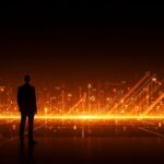 Reid Hoffman en actitud de liderazgo frente a un horizonte digital que simboliza la influencia tecnológica y el impacto ético en Silicon Valley.