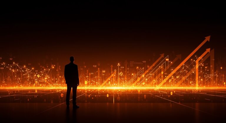 Reid Hoffman en actitud de liderazgo frente a un horizonte digital que simboliza la influencia tecnológica y el impacto ético en Silicon Valley.