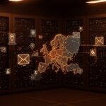 Infraestructura europea de correo electrónico SaaS con control total sobre MTA, escalabilidad en Kubernetes y cumplimiento GDPR, resaltada con paleta naranja y negro.