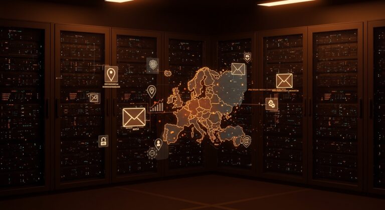 Infraestructura europea de correo electrónico SaaS con control total sobre MTA, escalabilidad en Kubernetes y cumplimiento GDPR, resaltada con paleta naranja y negro.