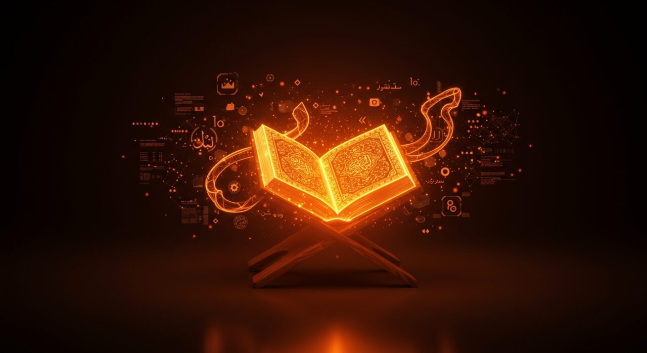 Renderizado digital del Corán con tecnología innovadora destacada en estilo editorial, colores naranja y negro de Ecosistema Startup.