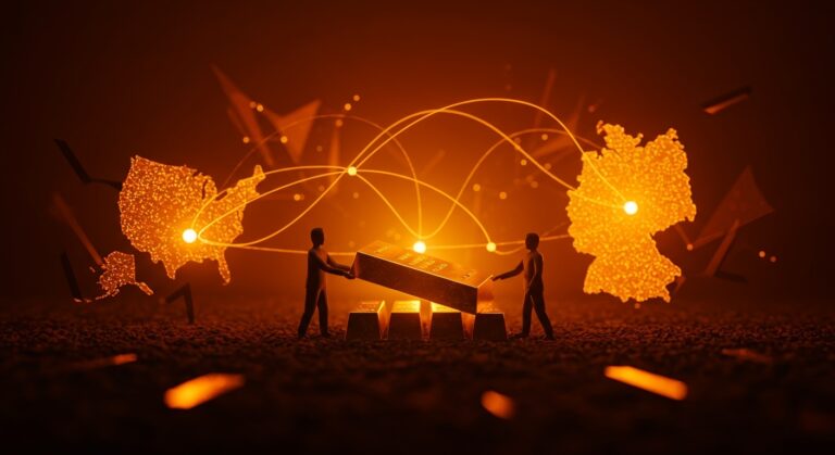 Repatriación de reservas de oro alemán representada con barras doradas y conexiones digitales en tonos naranja y negro, destacando impacto geopolítico y estabilidad financiera.