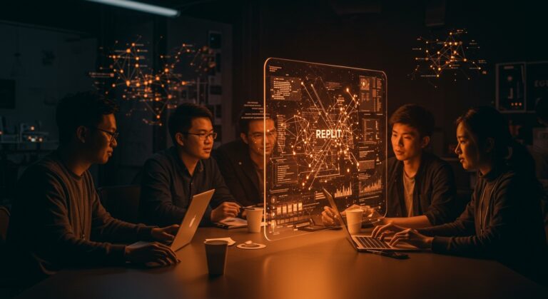 Equipo diverso de founders colaborando en una interfaz digital futurista, representando oportunidades de empleo en startups de inteligencia artificial y software con Replit.