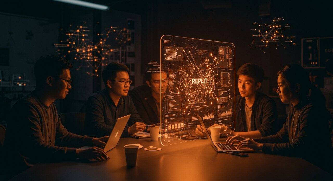 Equipo diverso de founders colaborando en una interfaz digital futurista, representando oportunidades de empleo en startups de inteligencia artificial y software con Replit.