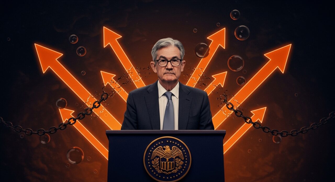 Jerome Powell defendiendo la independencia de la Reserva Federal frente a amenazas políticas, con elementos visuales que representan estabilidad económica y mercados financieros.