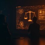 Responsabilidad legal y ética en inteligencia artificial con imágenes de chatbots y balanza legal en tonos naranja y negro, contexto startup.