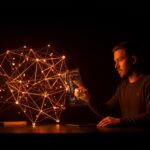 Red mesh segura y descentralizada para startups IoT con privacidad y software libre en ecosistema startup naranja y negro.