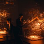 Equipo de startup IA trabajando en chips inteligentes con símbolos de inversión y crecimiento tecnológico en colores naranja y negro.