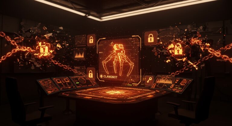 Visualización cinematográfica del riesgo en Model Context Protocol y Clawdbot mostrando vulnerabilidades de autenticación en IA con paleta naranja y negro de Ecosistema Startup.