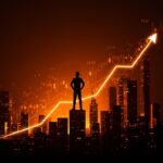 Riqueza del top 1% en EE.UU. representada con gráfico bursátil digital y figura de fundador en colores naranja y negro, destacando impacto en startups LATAM.