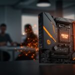 Placa Milk-V Titan Mini-ITX con procesador RISC-V de 8 núcleos destacada en un entorno de startup tecnológico, simbolizando hardware emergente y crecimiento del ecosistema.