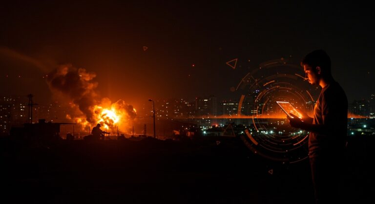 Explosiones y apagón en Caracas afectan el ecosistema startup en Venezuela y LATAM, metáforas visuales de incertidumbre y desafíos tecnológicos.