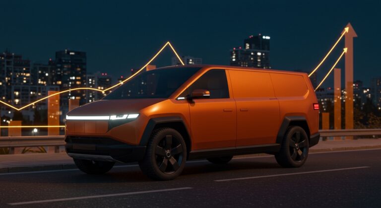 Furgoneta eléctrica Russo-Balt F200 destacándose en ciudad al atardecer, símbolo de innovación automotriz y movilidad eléctrica en startups rusas.