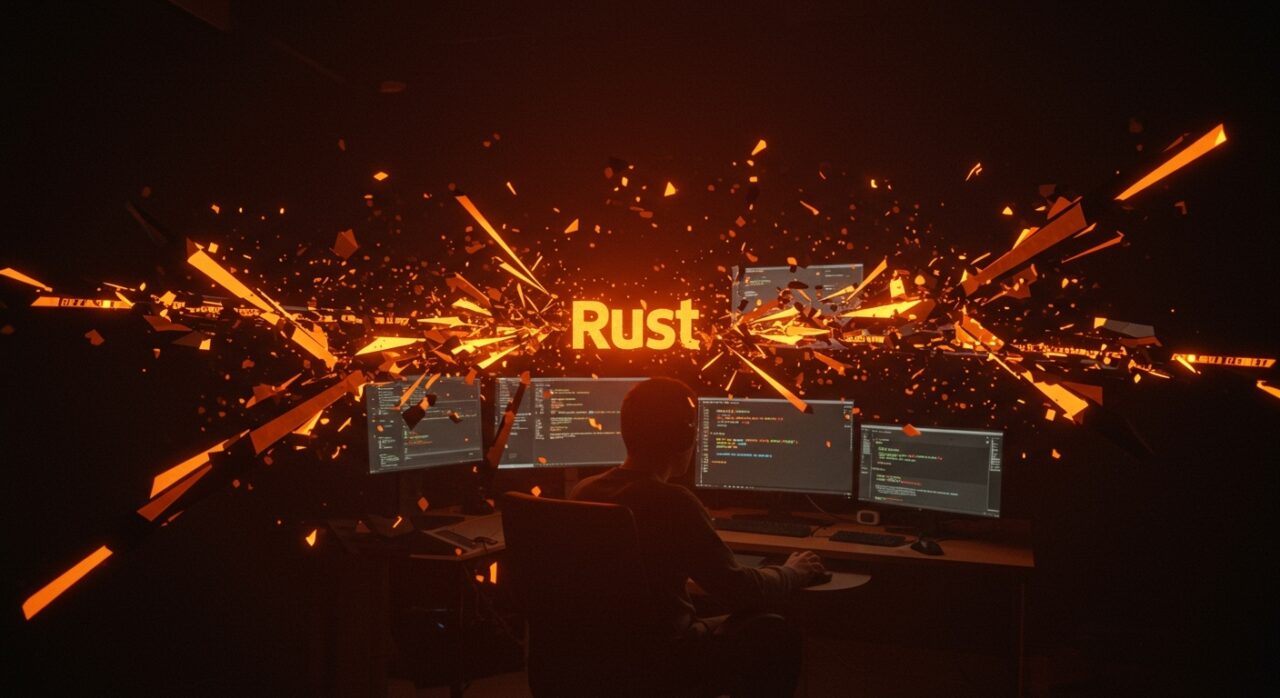 Programador revisando código Rust avanzado sin borrow checker, ilustrando el uso responsable de compiladores Rust modificados en entornos de desarrollo innovadores.