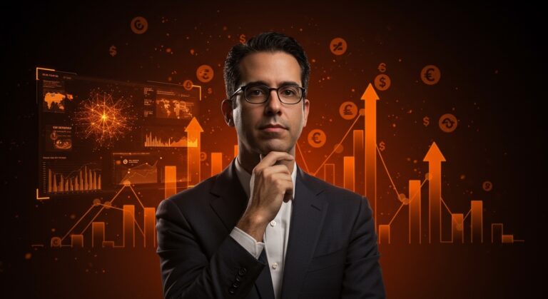 Retrato de Sam Altman con interfaz digital futurista simbolizando liderazgo y riesgos en inteligencia artificial de OpenAI.