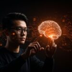 Founder tecnológico interactuando con interfaz cerebro-computadora innovadora impulsada por Sam Altman y OpenAI en neurotecnología.