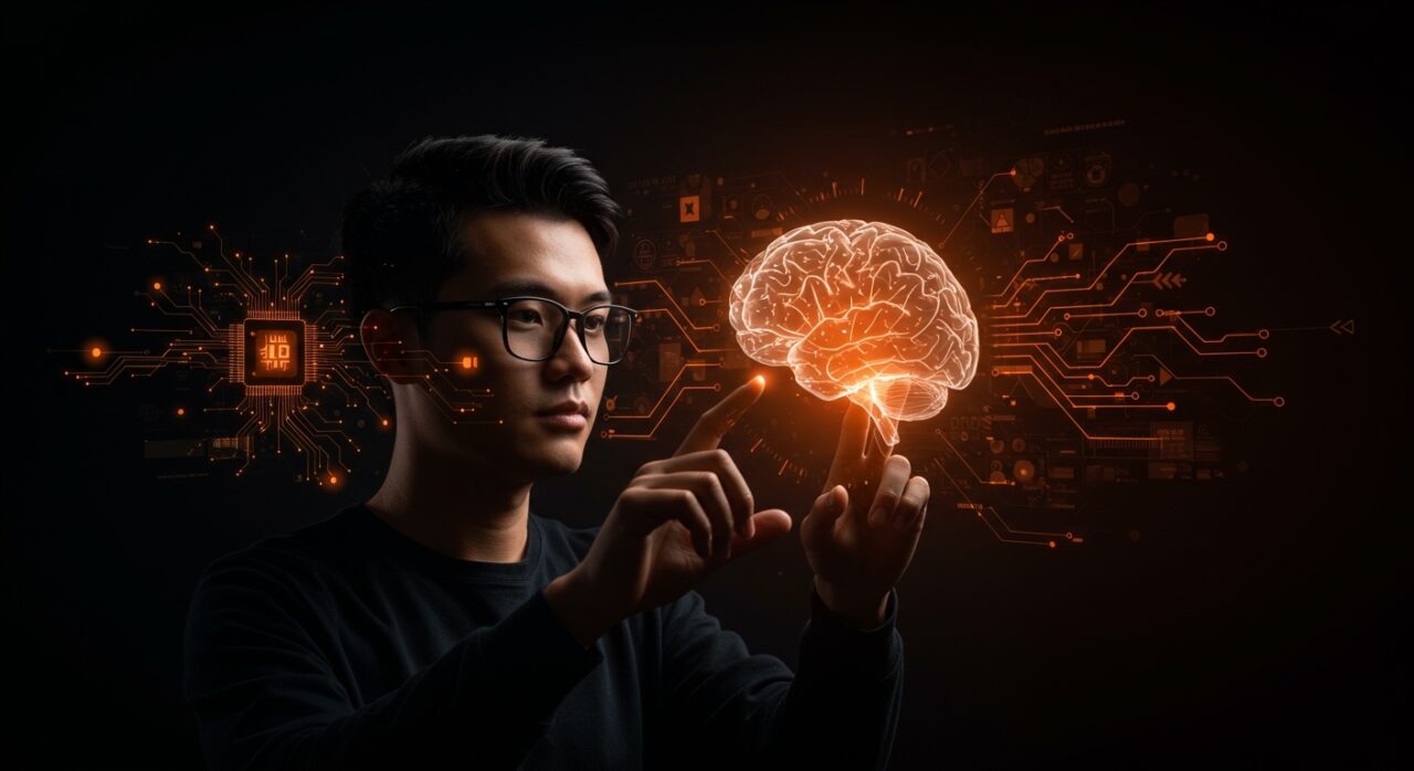 Founder tecnológico interactuando con interfaz cerebro-computadora innovadora impulsada por Sam Altman y OpenAI en neurotecnología.