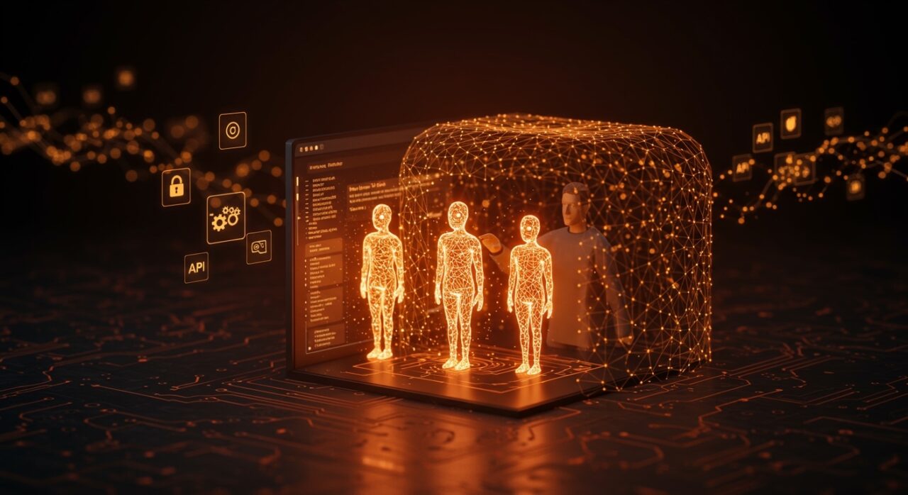 Sandbox en navegador para IA y automatización segura con agentes inteligentes representados en espacio digital moderno.